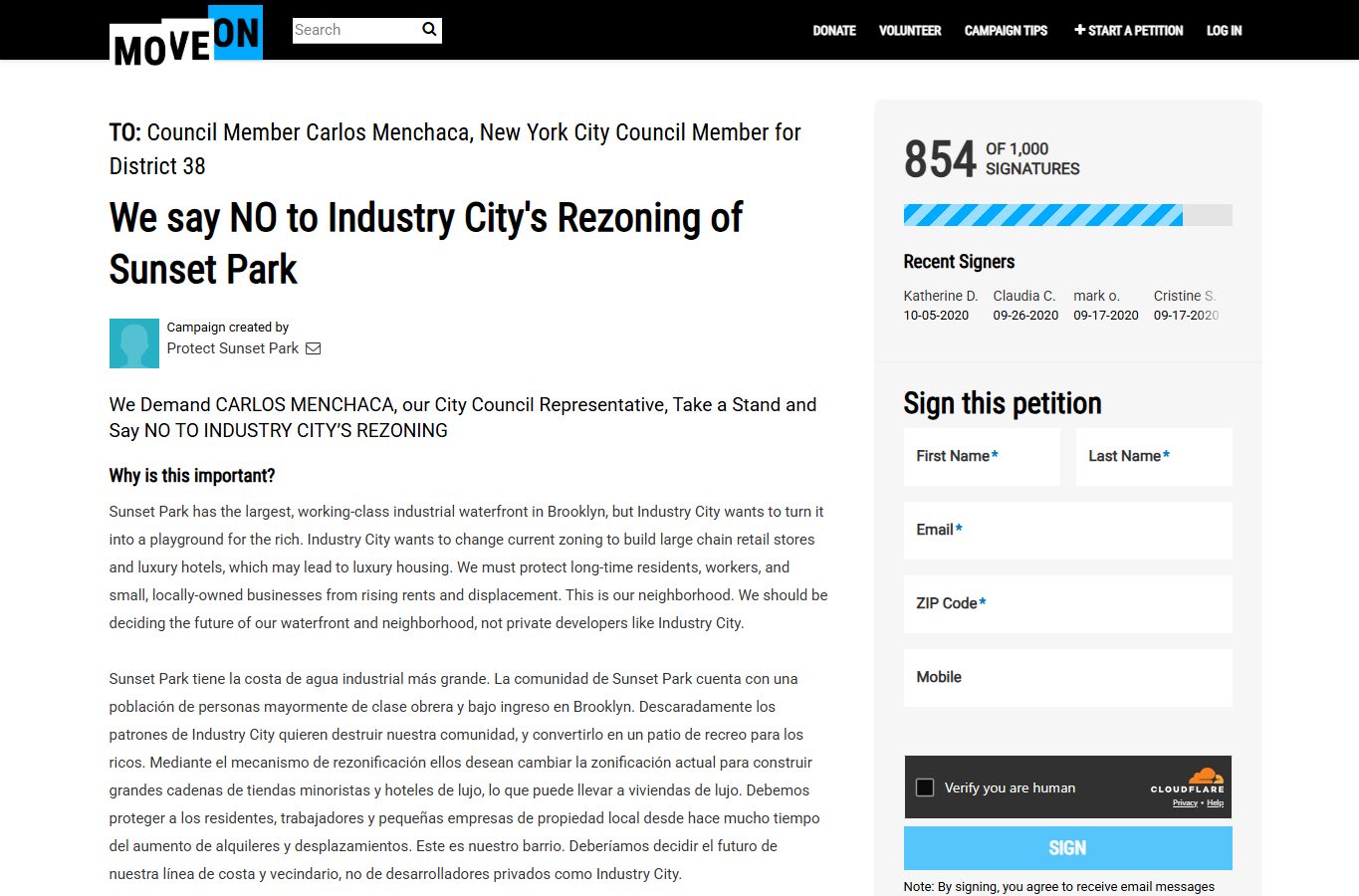 Screenshot-like campaign page showing petition against Industry City rezoning.