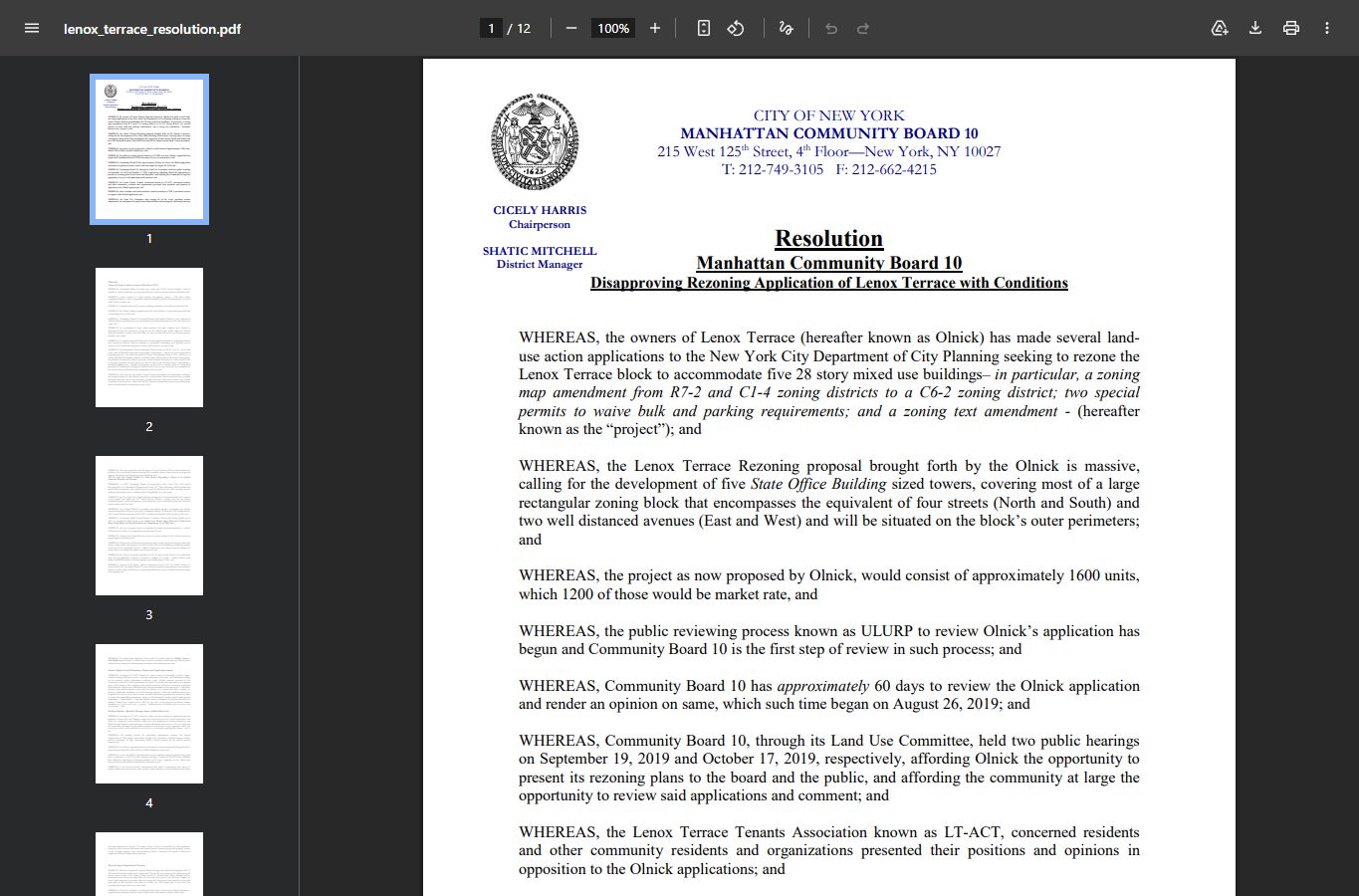 A document page from Manhattan Community Board 10 resolution on Lenox Terrace.