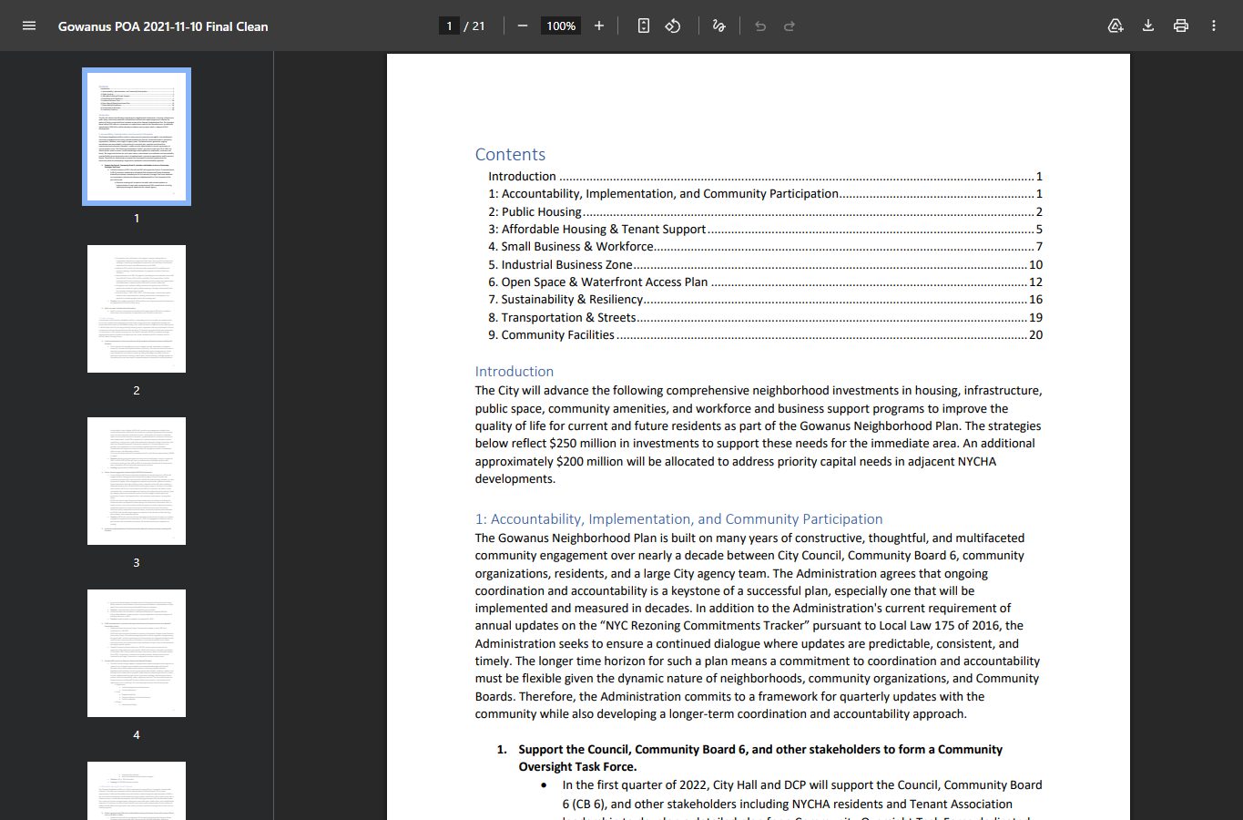 Page from the Gowanus Points of Agreement listing community commitments.