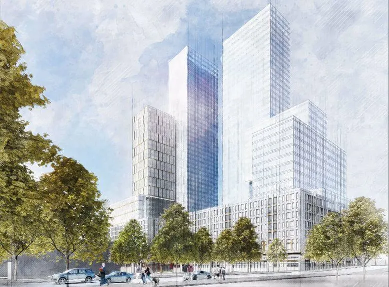Rendering or aerial view of tall residential towers proposed near BBG.