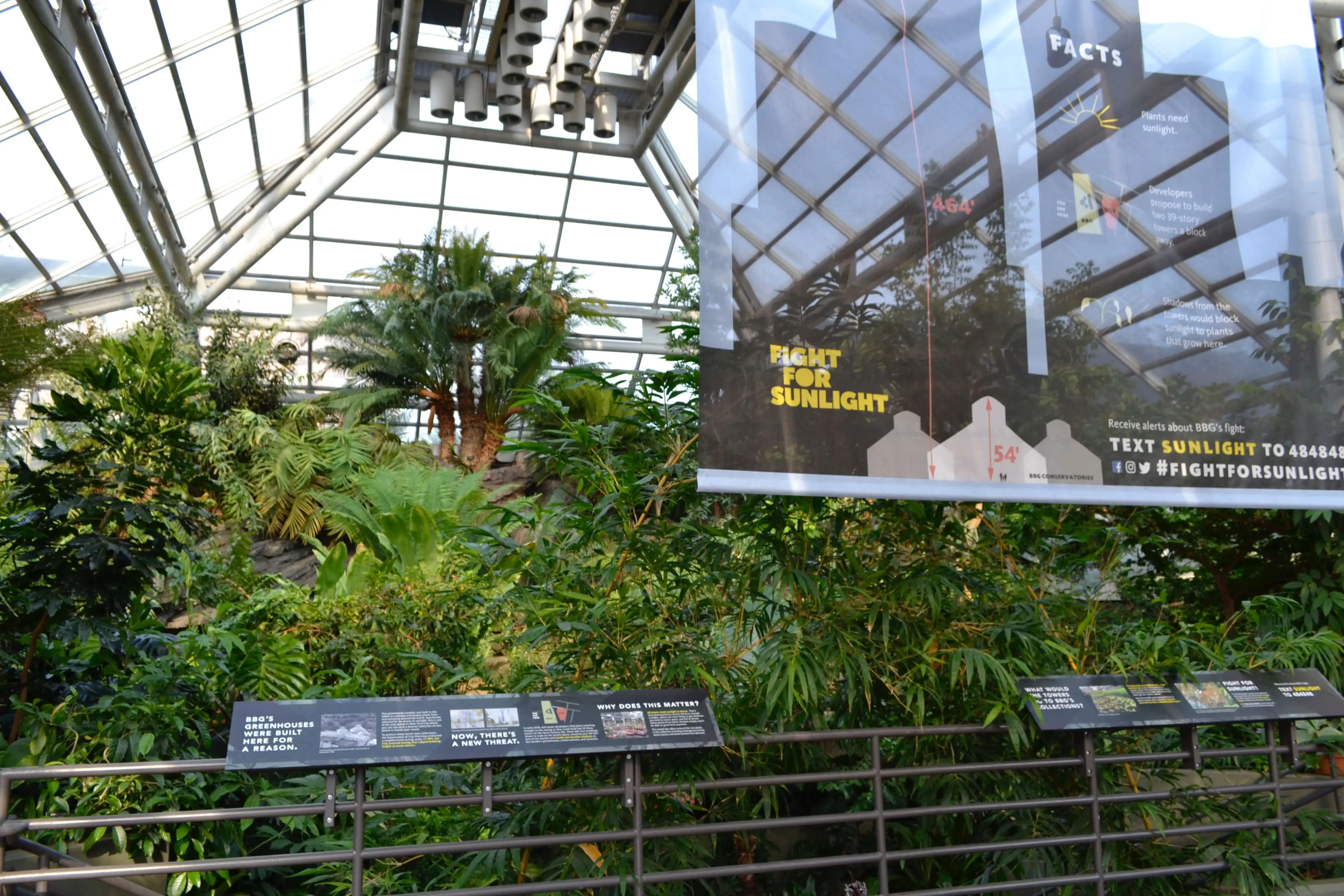 Brooklyn Botanic Garden conservatory with orange massing overlay representing nearby towers.