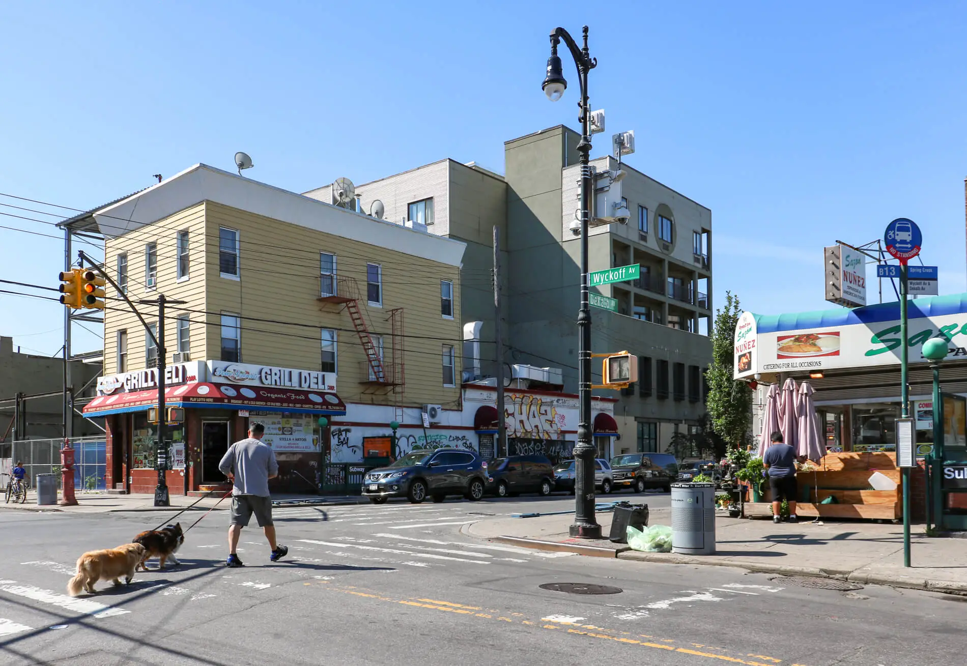 Street corner in Bushwick at Evergreen Avenue and Menahan Street.